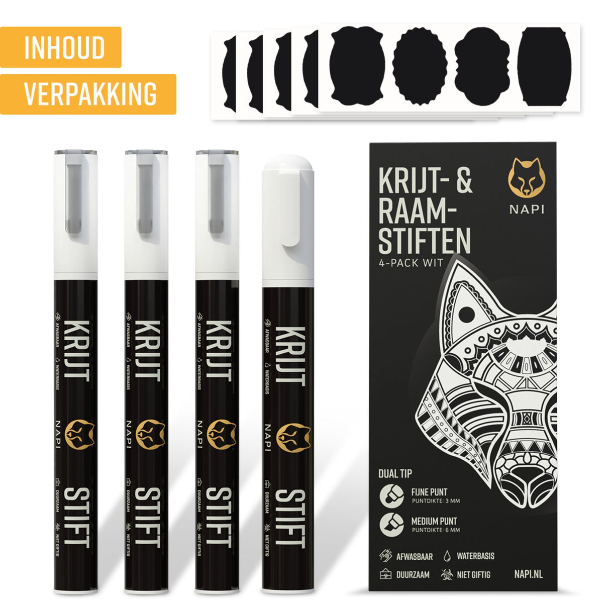 NAPI Krijtstiften – Wit – Set van 4 Stuks met 20 Stickers