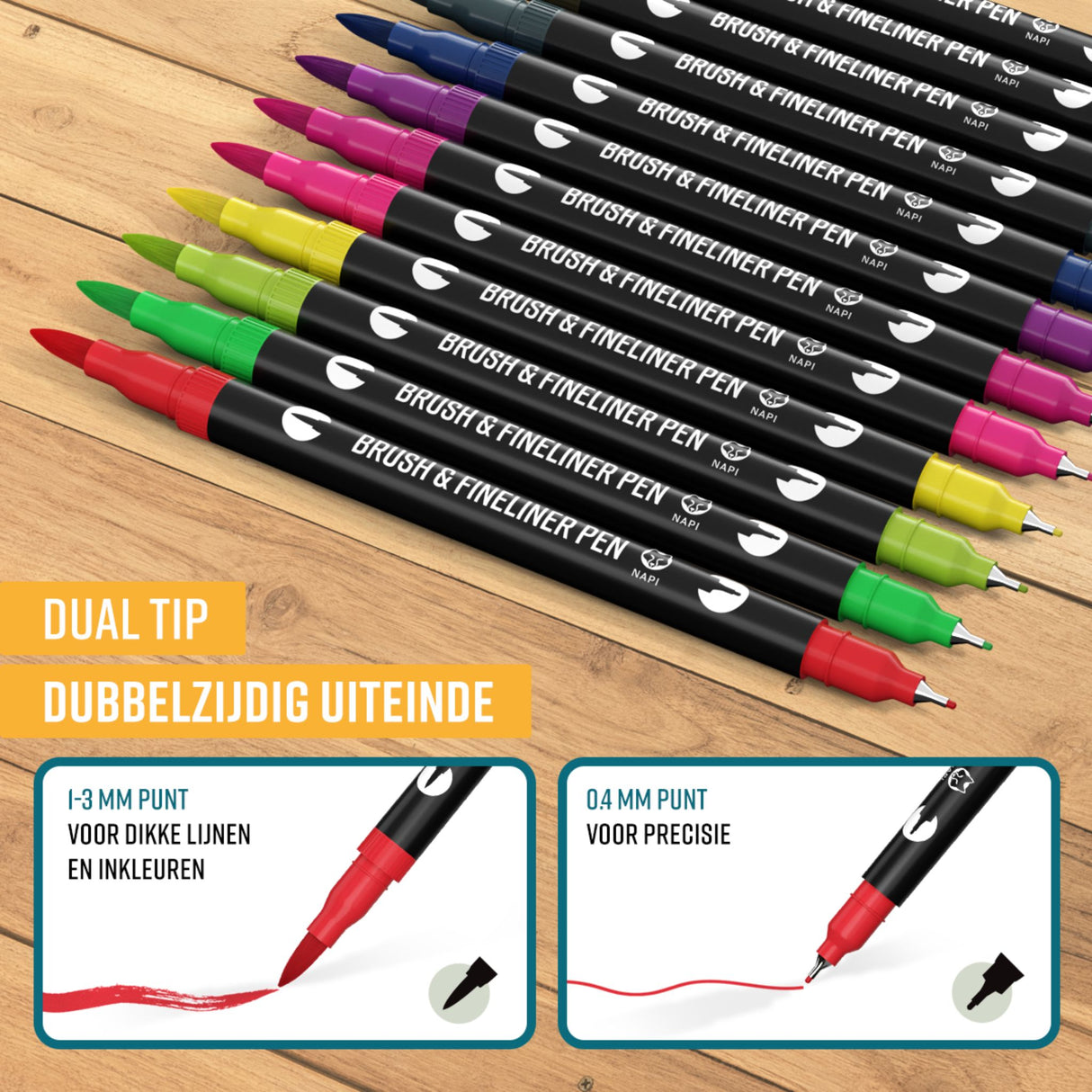 NAPI Brushpennen en Fineliners - Dual Tip - Set van 12