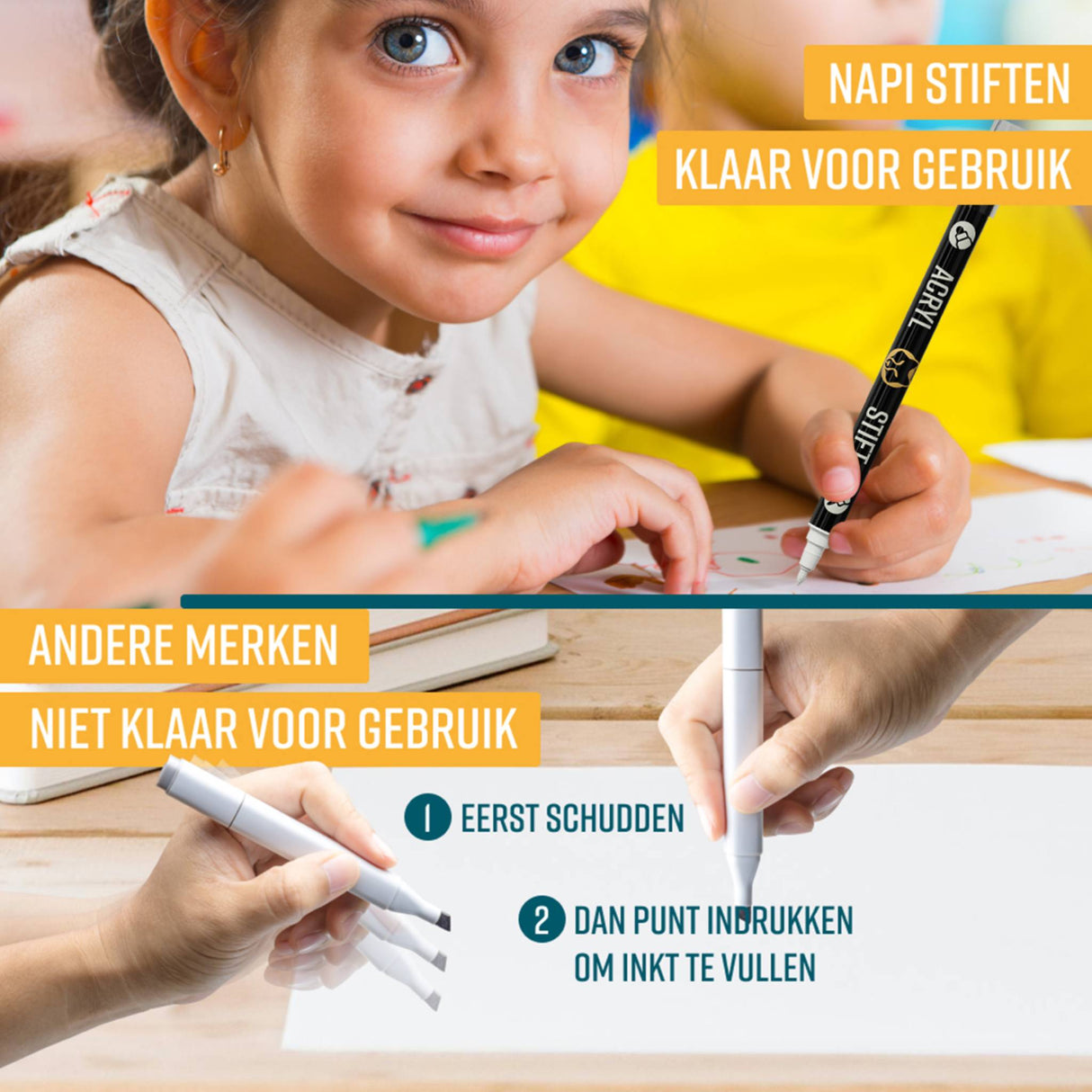 NAPI Acrylstiften - Dual Tip - Set van 6 Zwart & Wit