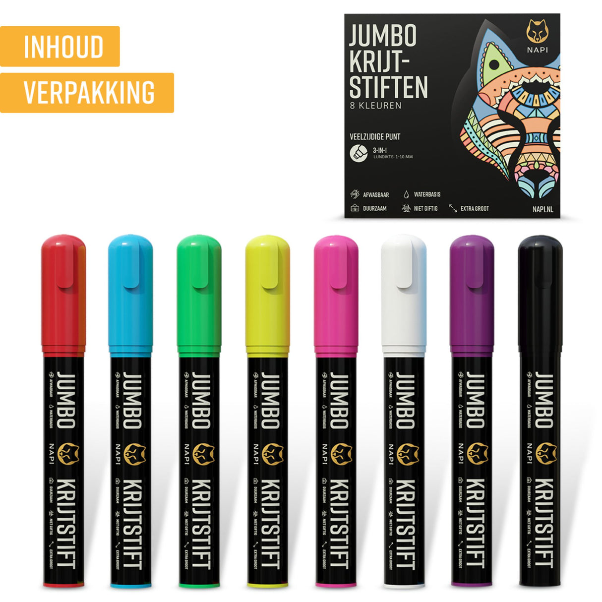 NAPI Krijtstiften – XL 3-in-1 Punt – Set van 8