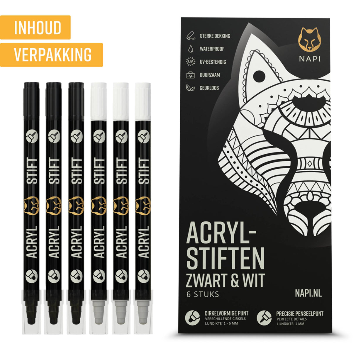 NAPI Acrylstiften - Dual Tip - Set van 6 Zwart & Wit