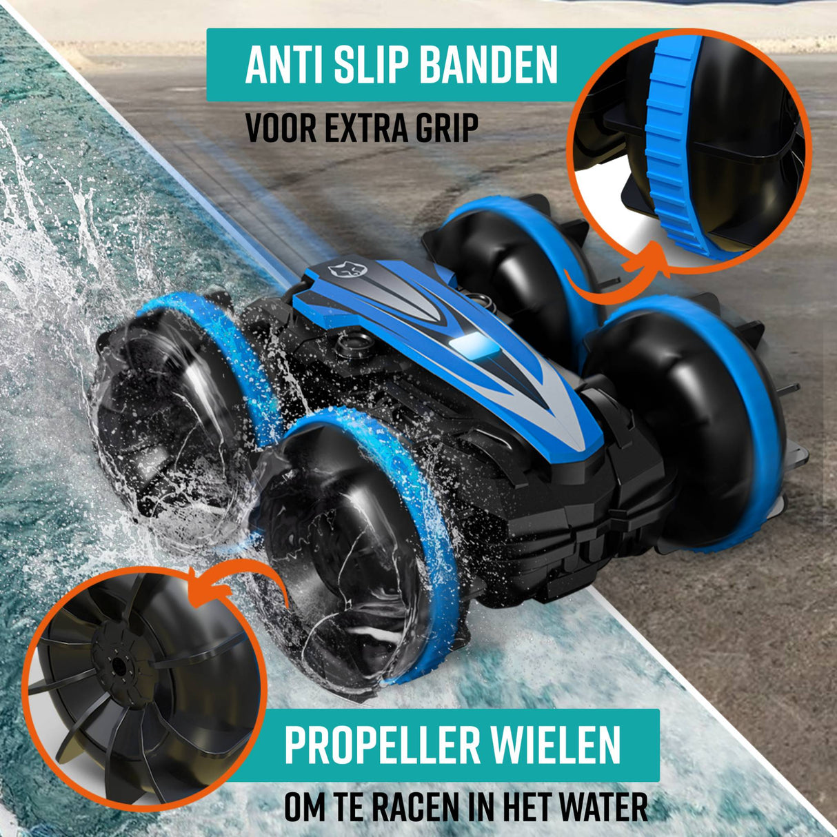 RC-auto met anti-slip banden en propellerwielen voor elk terrein