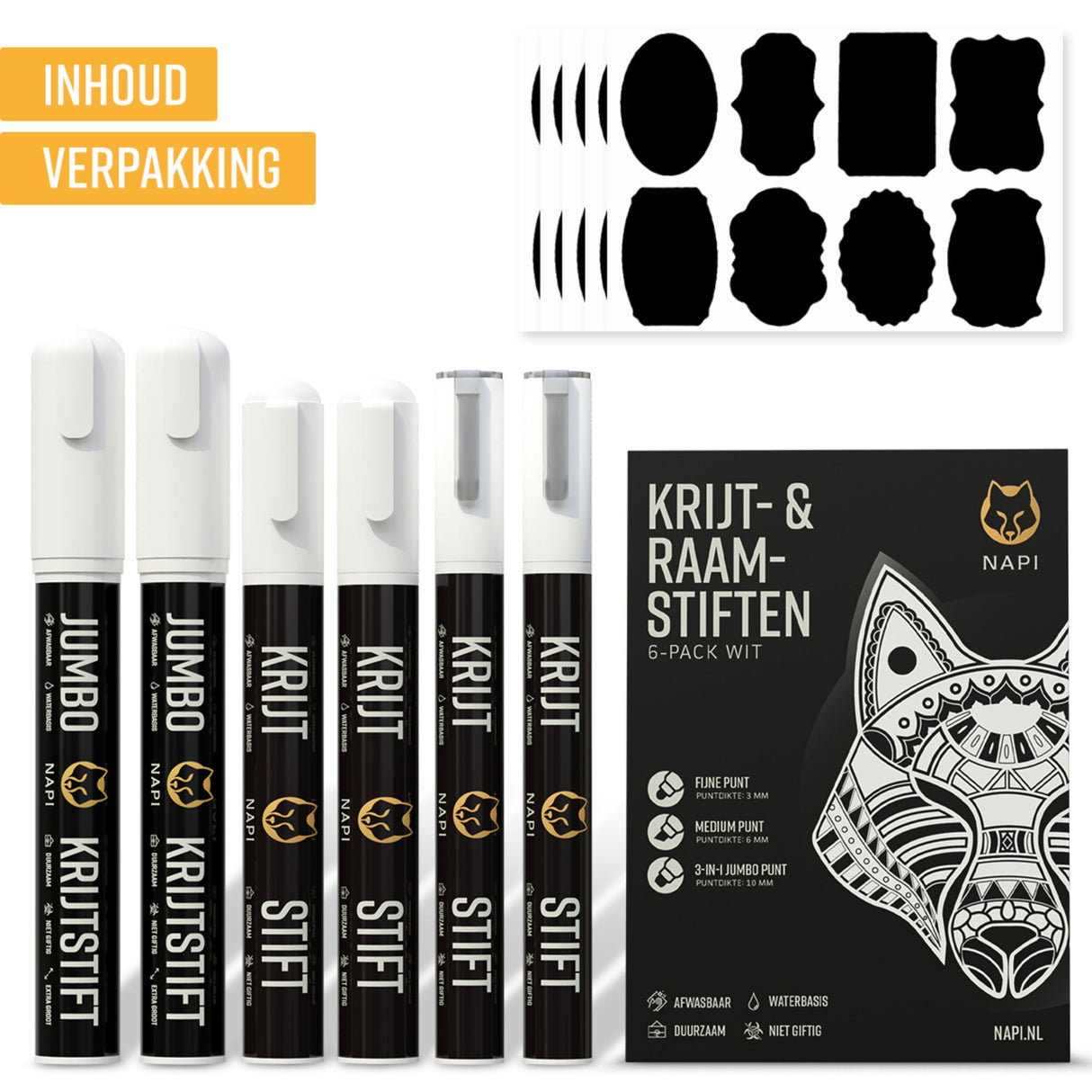 NAPI Krijtstiften – Wit – Set van 6 Stuks + 40 Stickers