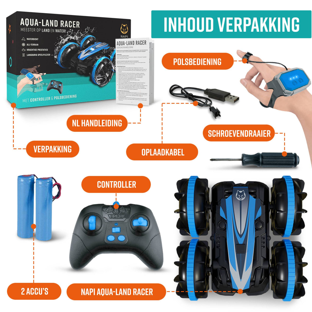 Inhoud verpakking met RC-auto, twee accu's, polscontroller, afstandsbediening en oplader