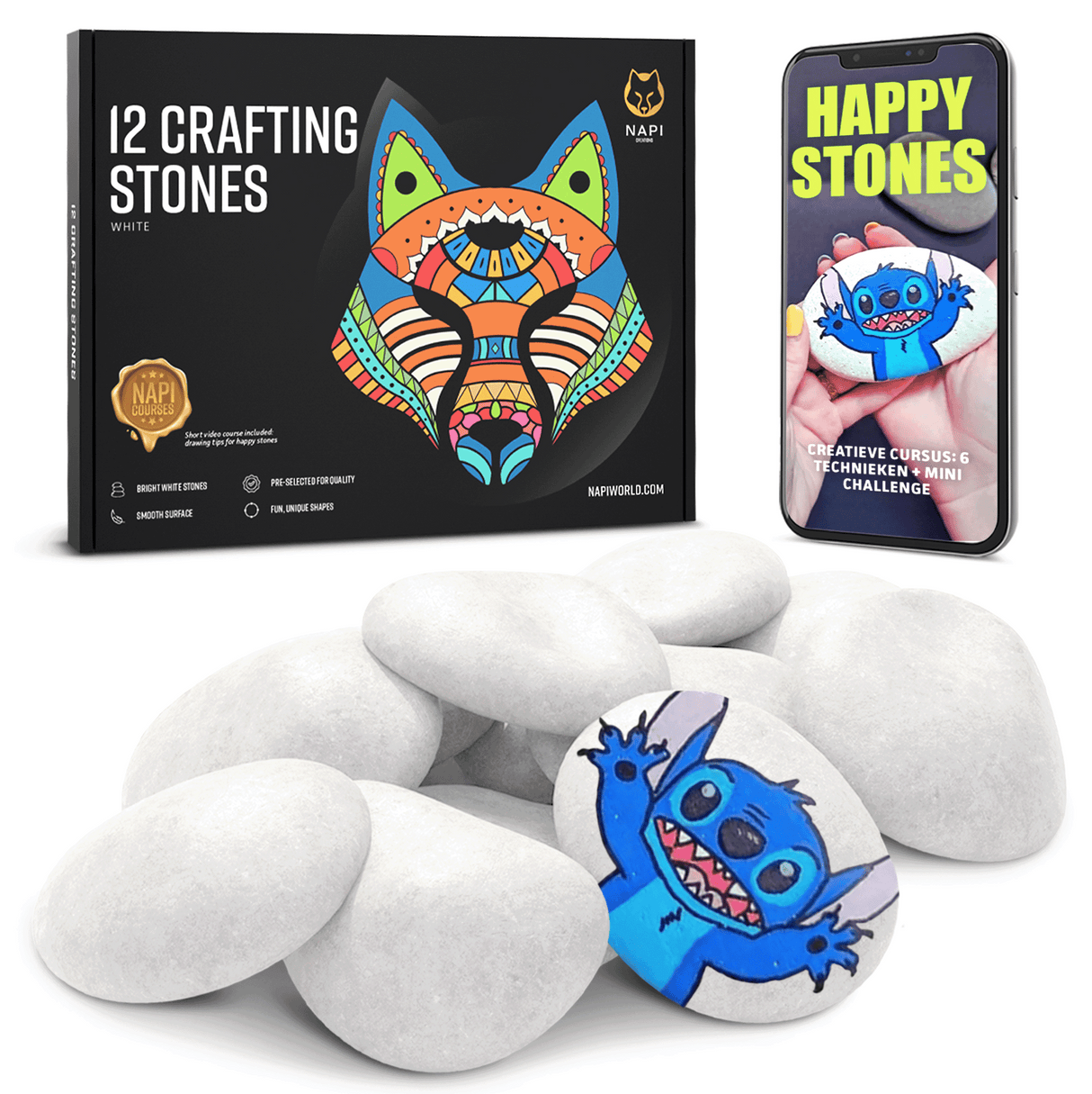 NAPI Happy Stones – Set van 12 Witte Schilderstenen – Inclusief Cursus