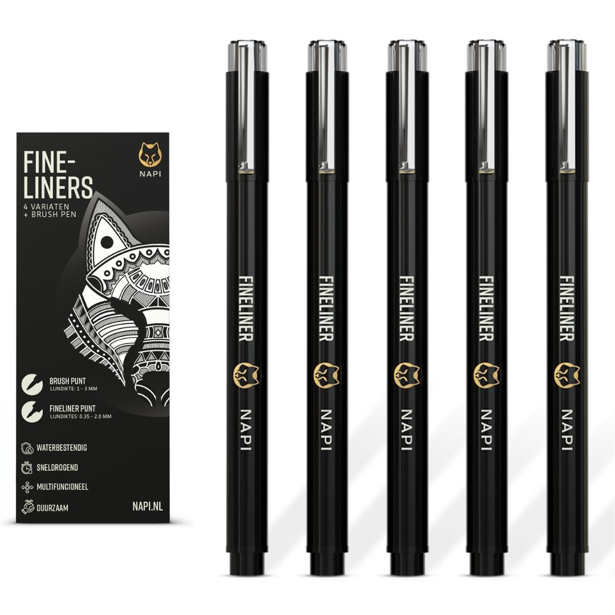 NAPI 5 zwarte fineliners met variërende puntdiktes – van 0,25 mm tot brushpen. Compacte set voor tekenen, journaling en kalligrafie.