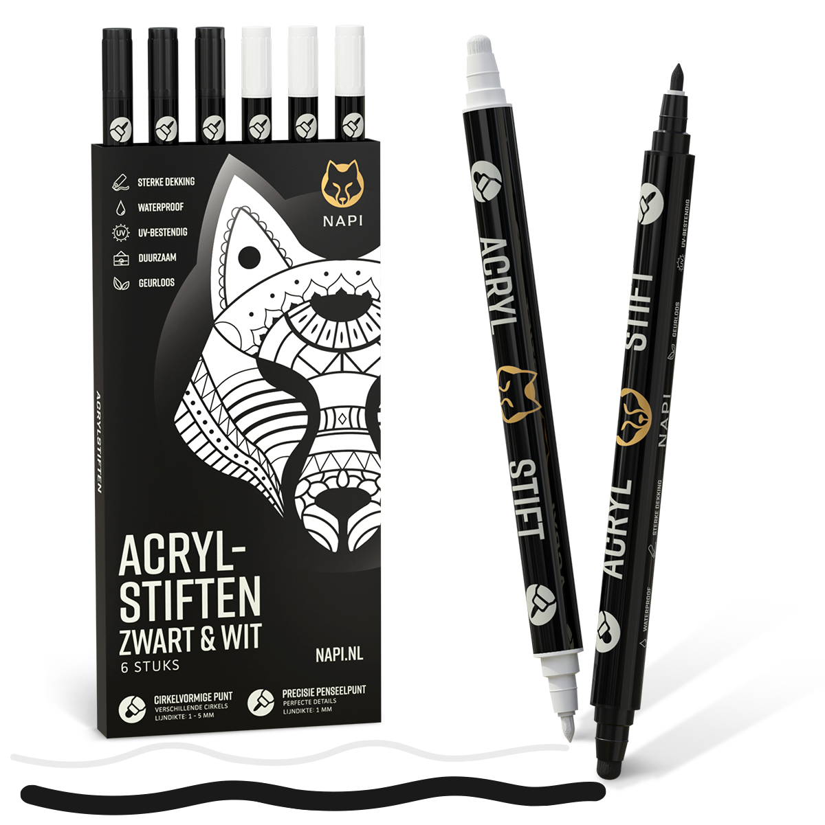 NAPI 6 Acrylstiften Dual Tip in zwart en wit – watervaste en UV-bestendige verfstiften voor steen, papier, glas, textiel en meer
