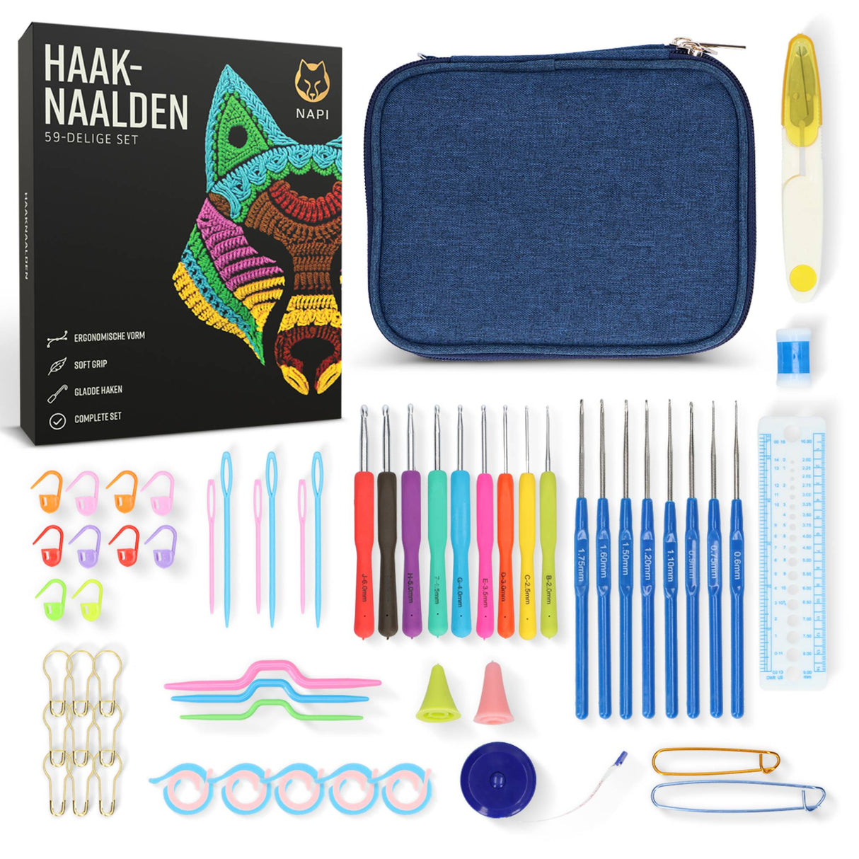 NAPI haaknaaldenset 59-delig met ergonomische softgrip haaknaalden, accessoires en blauw etui – ideaal voor haken thuis of onderweg.