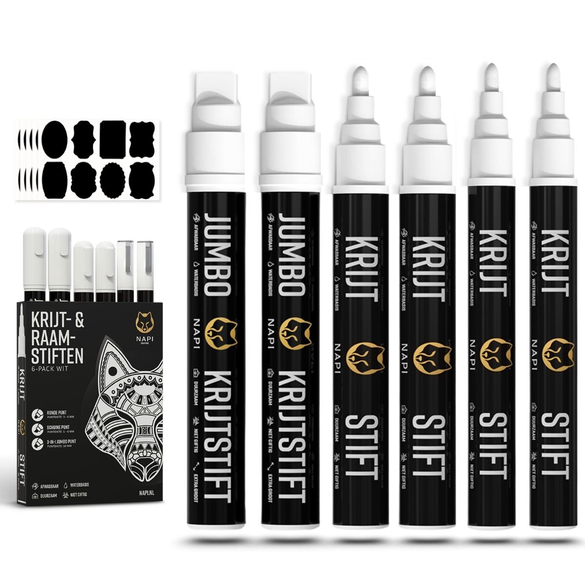 Set van 6 witte NAPI krijtstiften met 3 verschillende puntdiktes en 40 herbruikbare krijtbordstickers – geschikt voor glas, krijtbord en whiteboard.