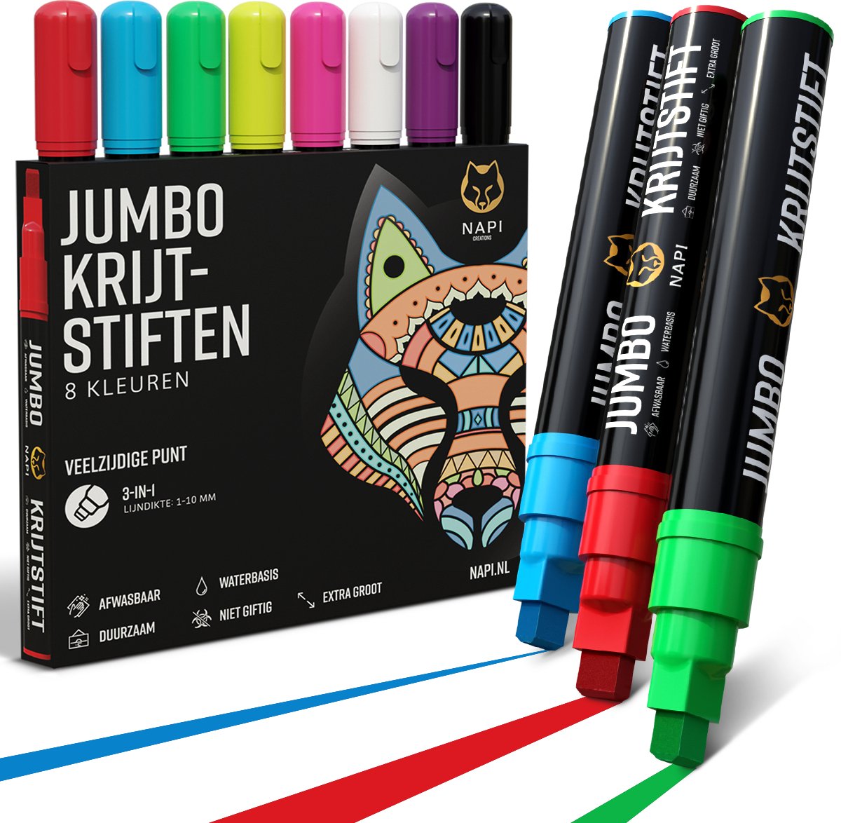 Set van 8 XL krijtstiften van NAPI met 3-in-1 punt en afwasbare inkt – voor raam, glas, krijtbord, whiteboard, porselein en creatieve decoratie