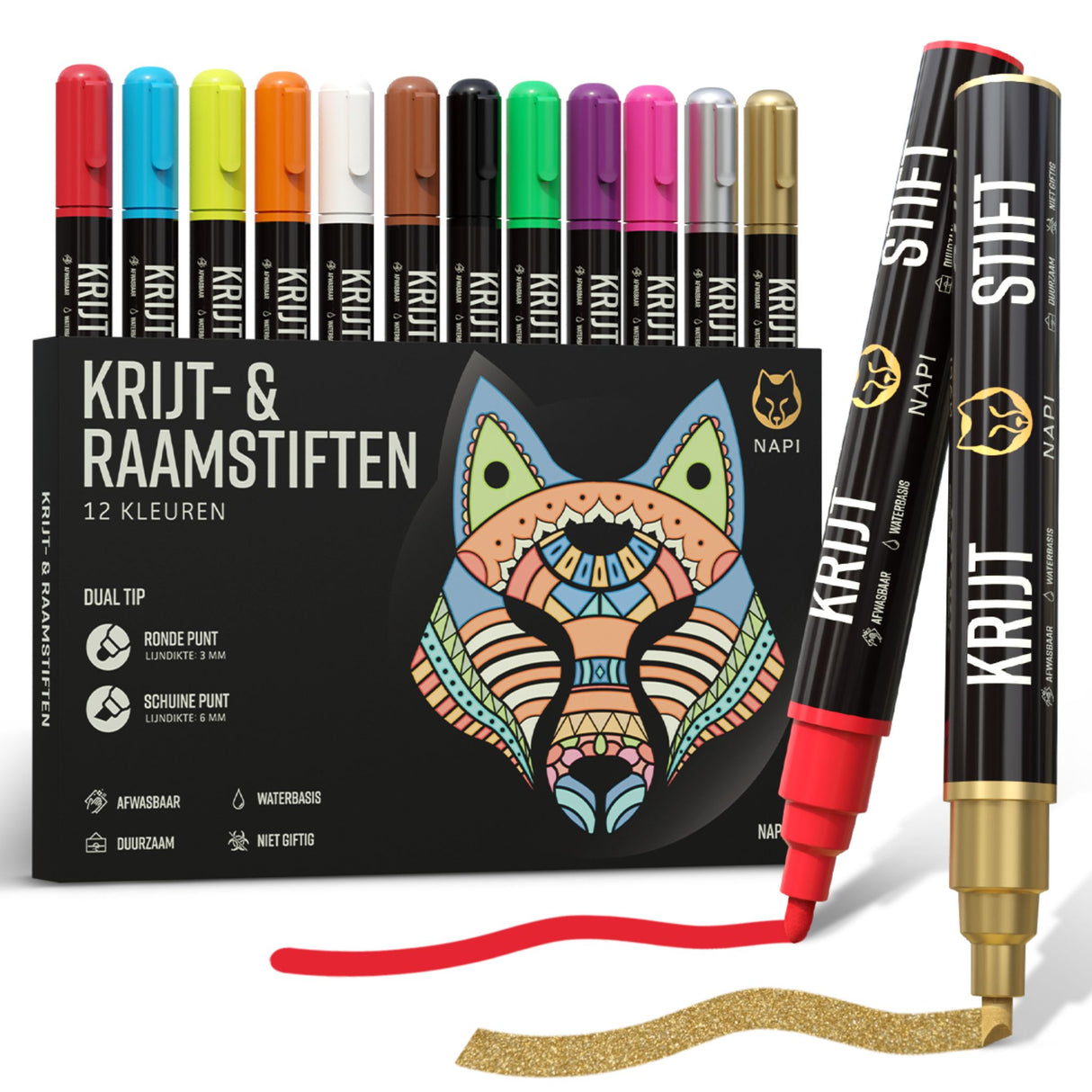 Set van 12 krijtstiften van NAPI met omkeerbare punt en afwasbare inkt – geschikt voor krijtborden, glas, whiteboards, spiegels en porselein.