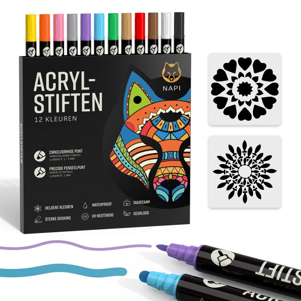 Set van 12 Napi acrylstiften in verschillende kleuren, ideaal voor tekenen en schilderen op papier, hout en glas.