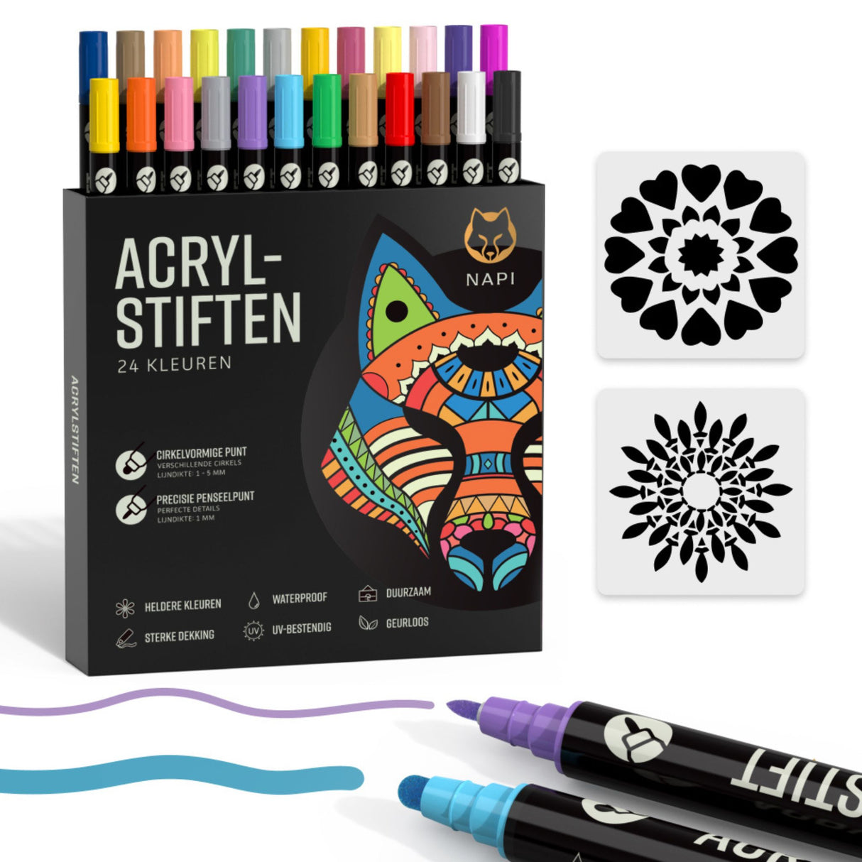 Set van 24 Napi acrylstiften in verschillende kleuren, ideaal voor tekenen en schilderen op papier, hout en glas.