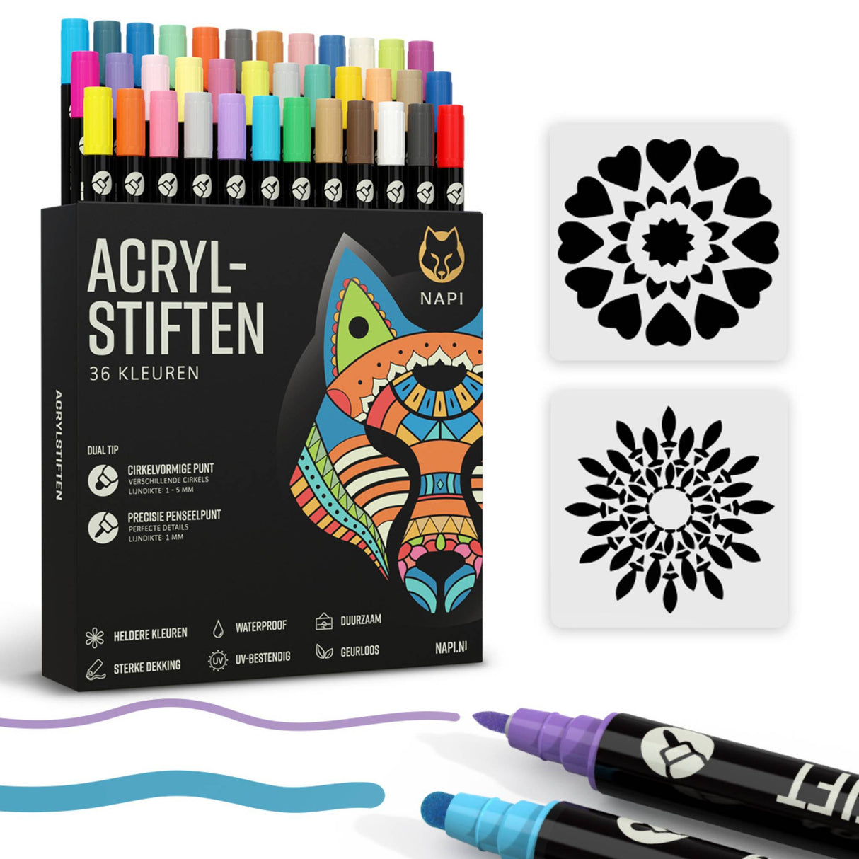 Set van 36 Napi acrylstiften in verschillende kleuren, ideaal voor tekenen en schilderen op papier, hout en glas.