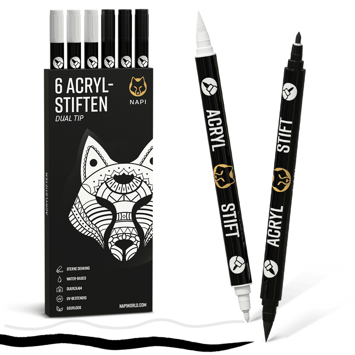 NAPI 6 Acrylstiften - Zwart & Wit - Brush & Fine Tip