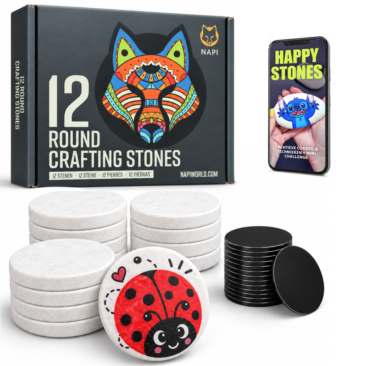 Napi Happy Stones 12 stuks ronde witte schilderstenen met magneetstickers