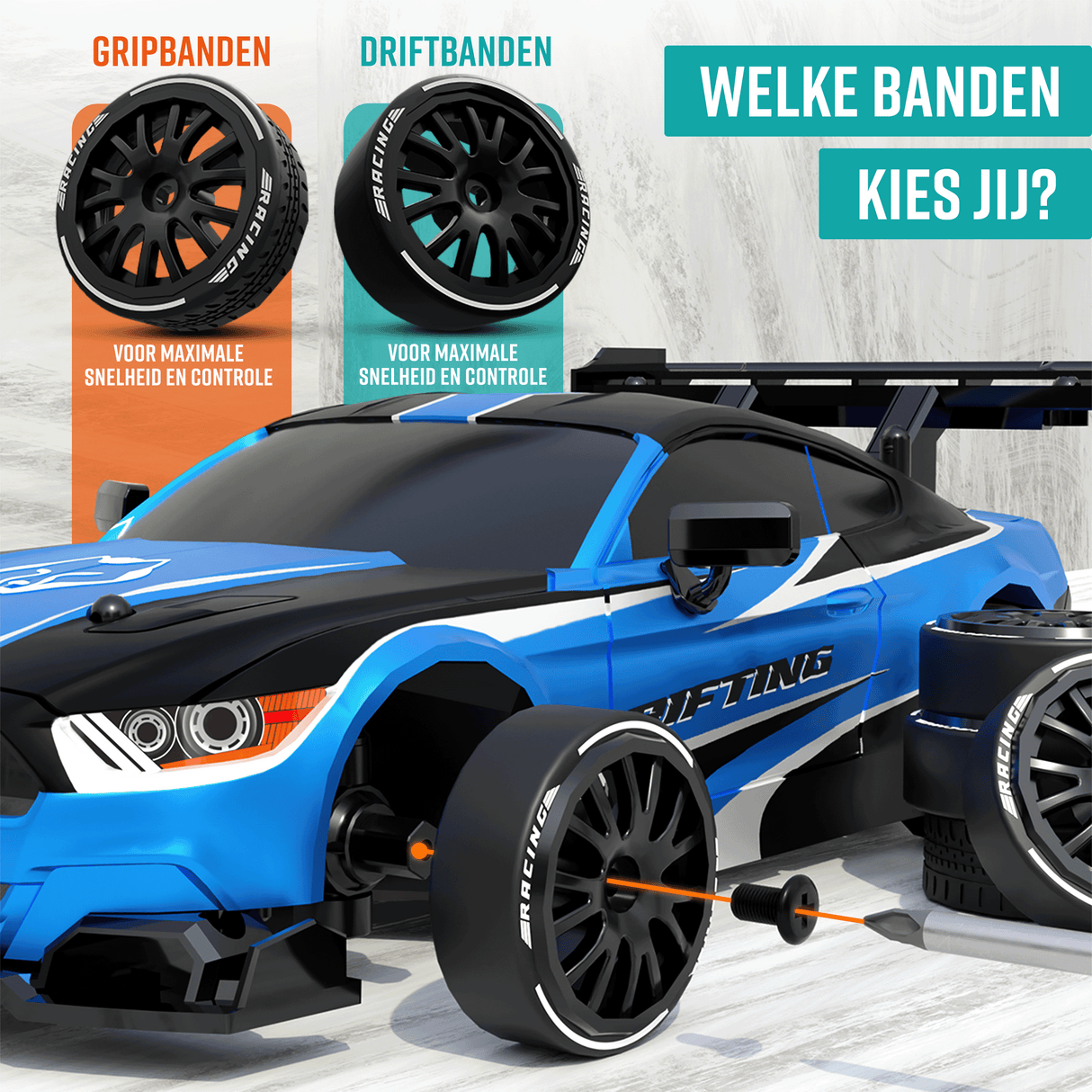 Bestuurbare auto met drift en race banden makkelijk te besturen