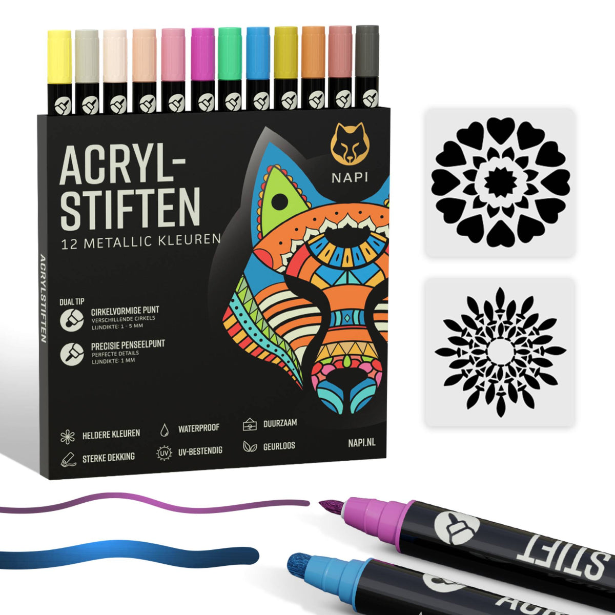 NAPI 12 Acrylstiften Dual Tip Metallic - Verfstiften voor Happy Stones ...