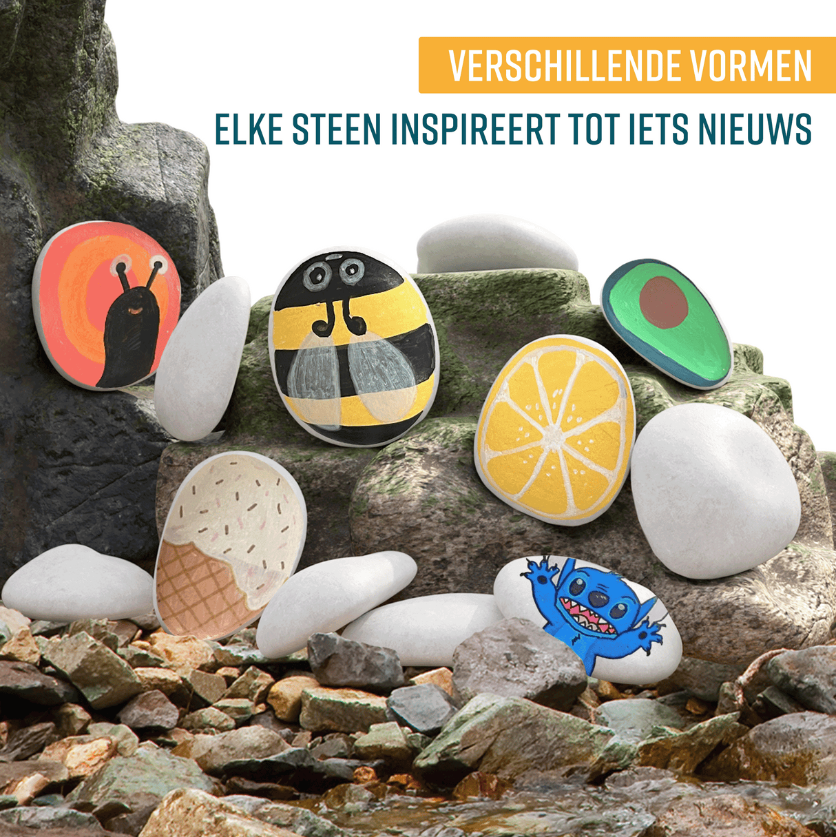 NAPI Happy Stones – Set van 12 Witte Stenen & 48 Acrylstiften