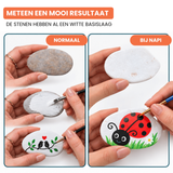 Gewone steen naast een Napi steen met witte basislaag, waarop een lieveheersbeestje is geschilderd met witte basis laag