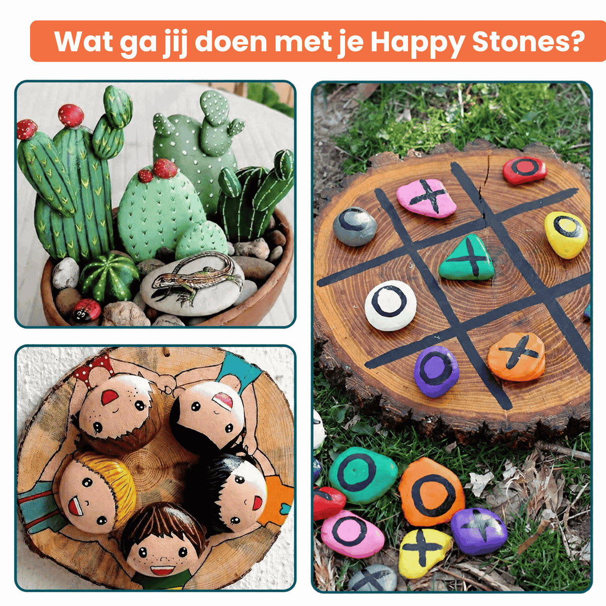 Ideeën voor beschilderde Happy Stones: cactussen, gezichtjes op een boomschijf en boter-kaas-en-eieren