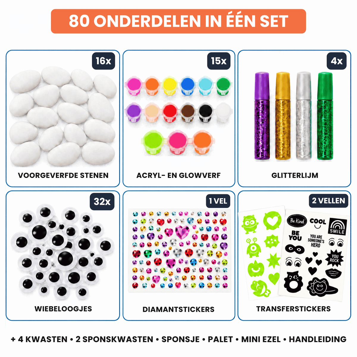 Overzicht van de 80 onderdelen: 16 witte stenen, 15 kleuren verf, glitterlijm, wiebeloogjes en stickers