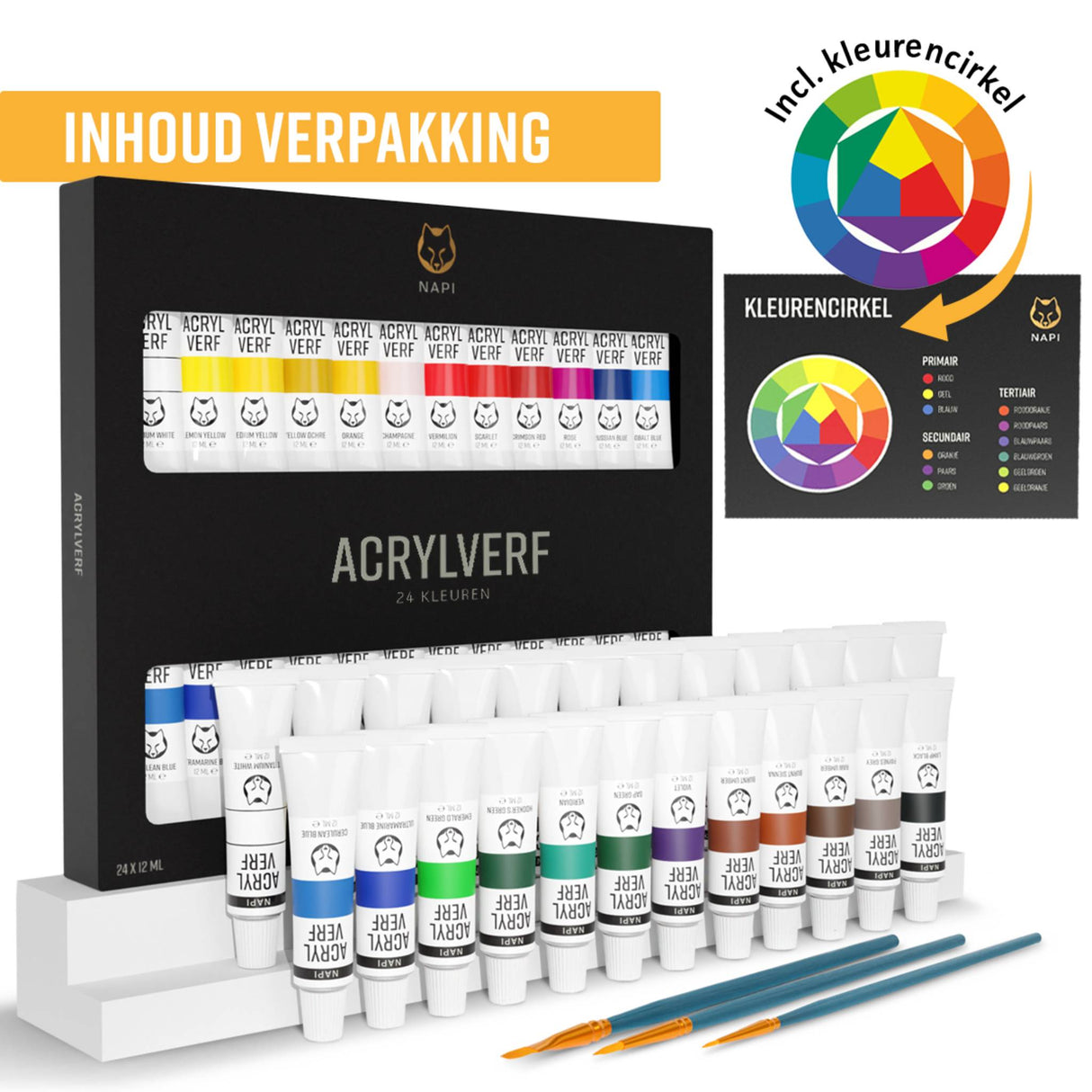 NAPI Acrylverf 24 Kleuren - 12ML - 3 Penselen