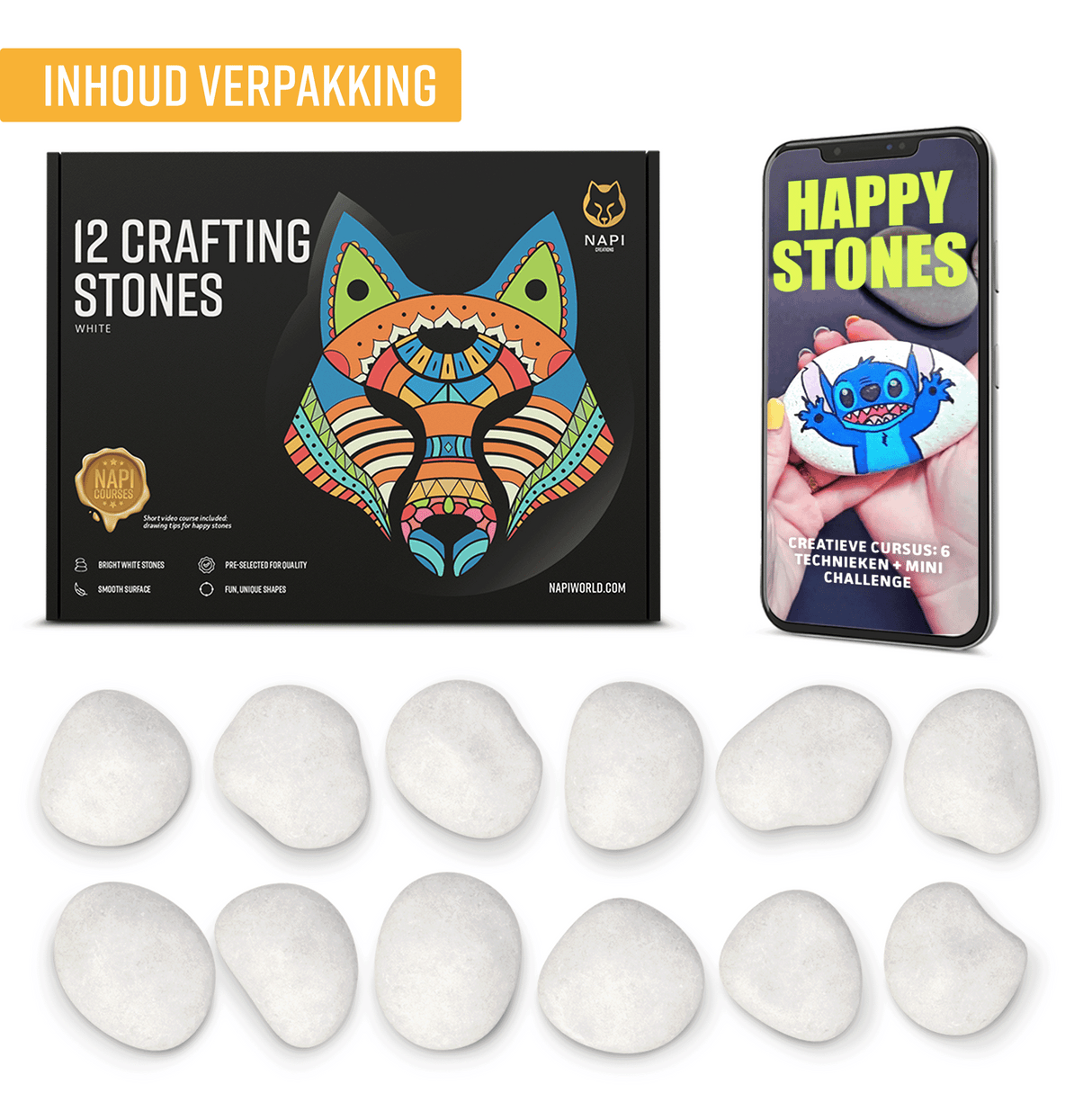 NAPI Happy Stones – Set van 12 Witte Schilderstenen – Inclusief Cursus