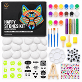 Inhoud van de Napi Happy Stones Kit: 16 witte stenen, verf, kwasten, palet, mini ezel en stickervellen