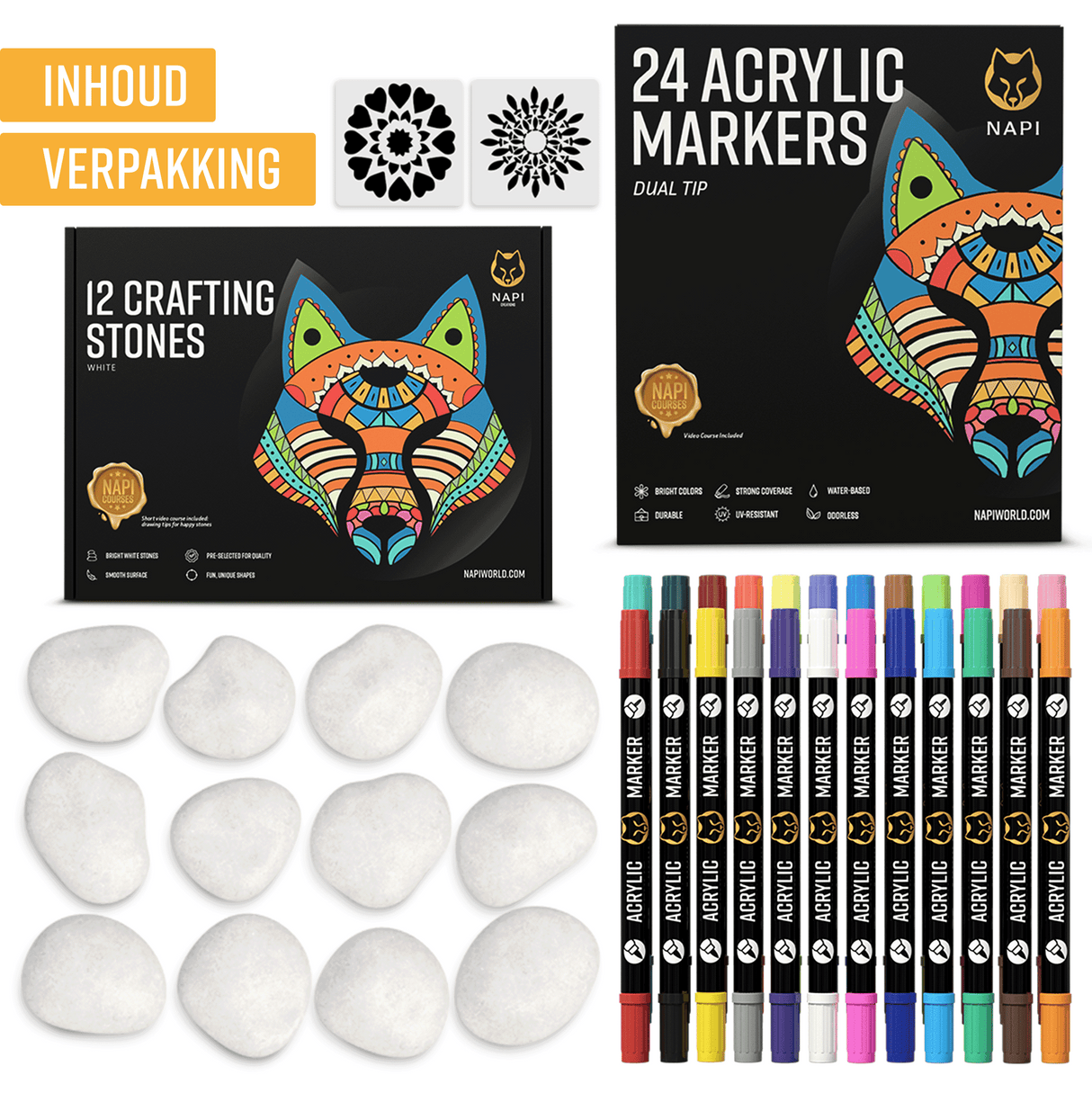 NAPI Happy Stones – Set van 12 Witte Stenen & 24 Acrylstiften