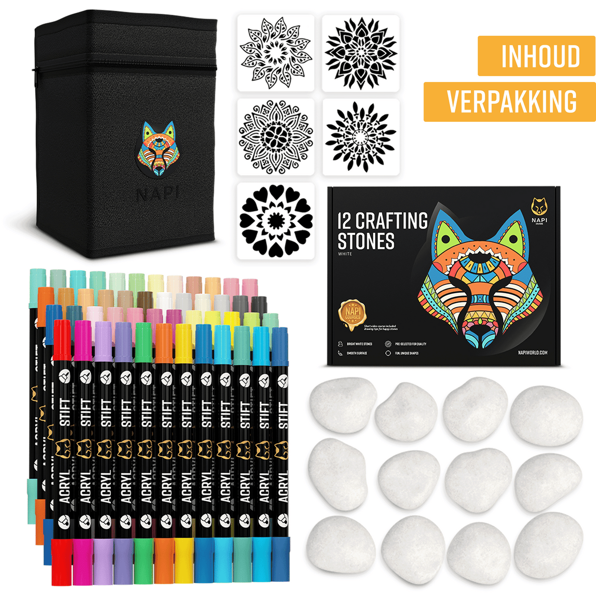 NAPI Happy Stones – Set van 12 Witte Stenen & 48 Acrylstiften