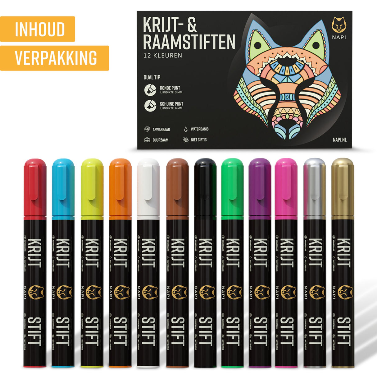 NAPI Krijtstiften 12 Kleuren Dual Tip