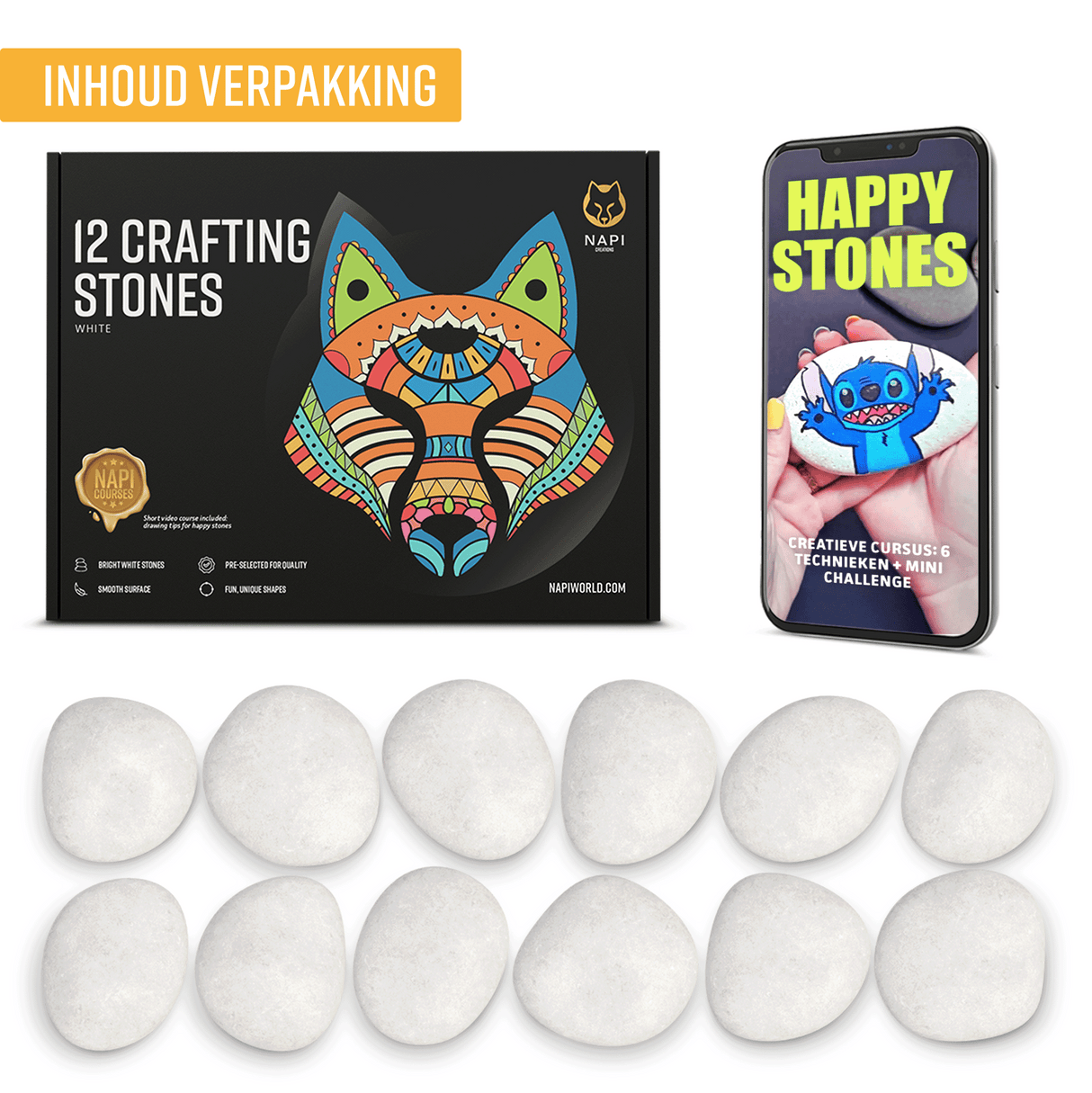 NAPI Happy Stones – Set van 12 Witte Schilderstenen – Inclusief Cursus