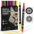 NAPI 12 Brushpennen en Fineliners Dual Tip – 12 levendige waterbasiskleuren voor handlettering, bullet journaling en illustraties. Inclusief 2 mandala sjablonen.
