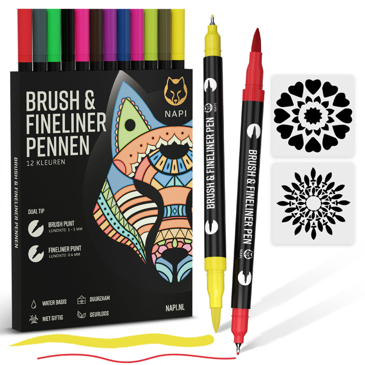 NAPI 12 Brushpennen en Fineliners Dual Tip – 12 levendige waterbasiskleuren voor handlettering, bullet journaling en illustraties. Inclusief 2 mandala sjablonen.
