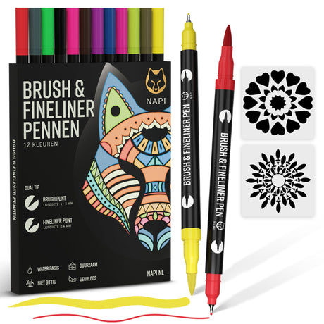 NAPI 12 Brushpennen en Fineliners Dual Tip – 12 levendige waterbasiskleuren voor handlettering, bullet journaling en illustraties. Inclusief 2 mandala sjablonen.
