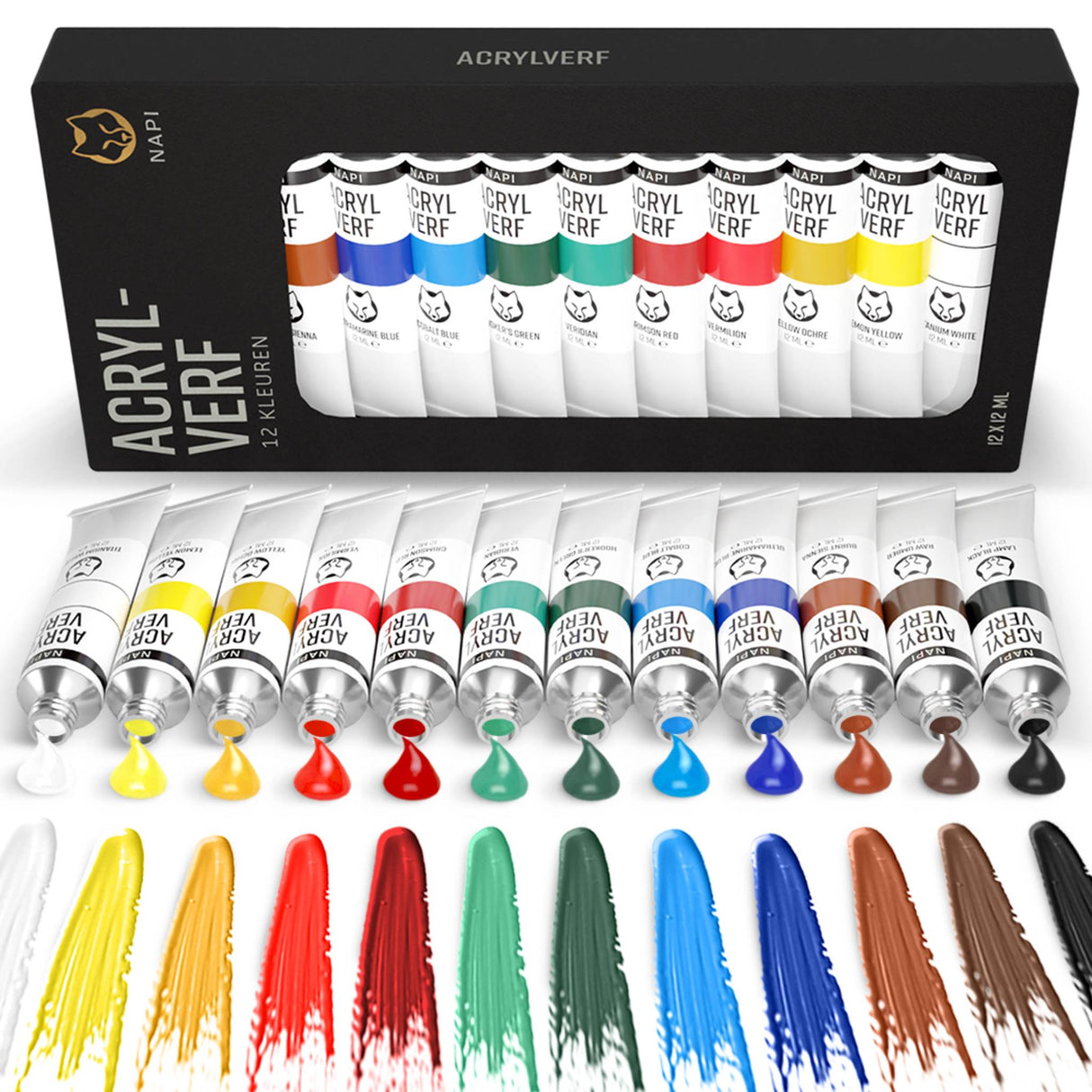 NAPI acrylverfset met 12 kleuren in 12ML tubes – sneldrogende verf met romige textuur, geschikt voor canvas, hout, keramiek en Happy Stones.
