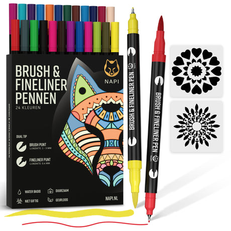 NAPI 24 Brushpennen en Fineliners Dual Tip – 24 levendige waterbasiskleuren voor handlettering, bullet journaling en illustraties. Inclusief 2 mandala sjablonen.
