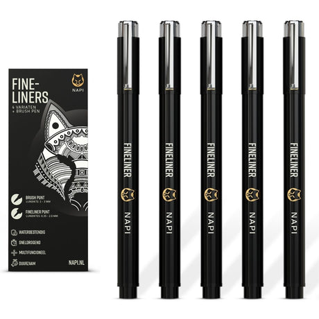 NAPI 5 zwarte fineliners met variërende puntdiktes – van 0,25 mm tot brushpen. Compacte set voor tekenen, journaling en kalligrafie.
