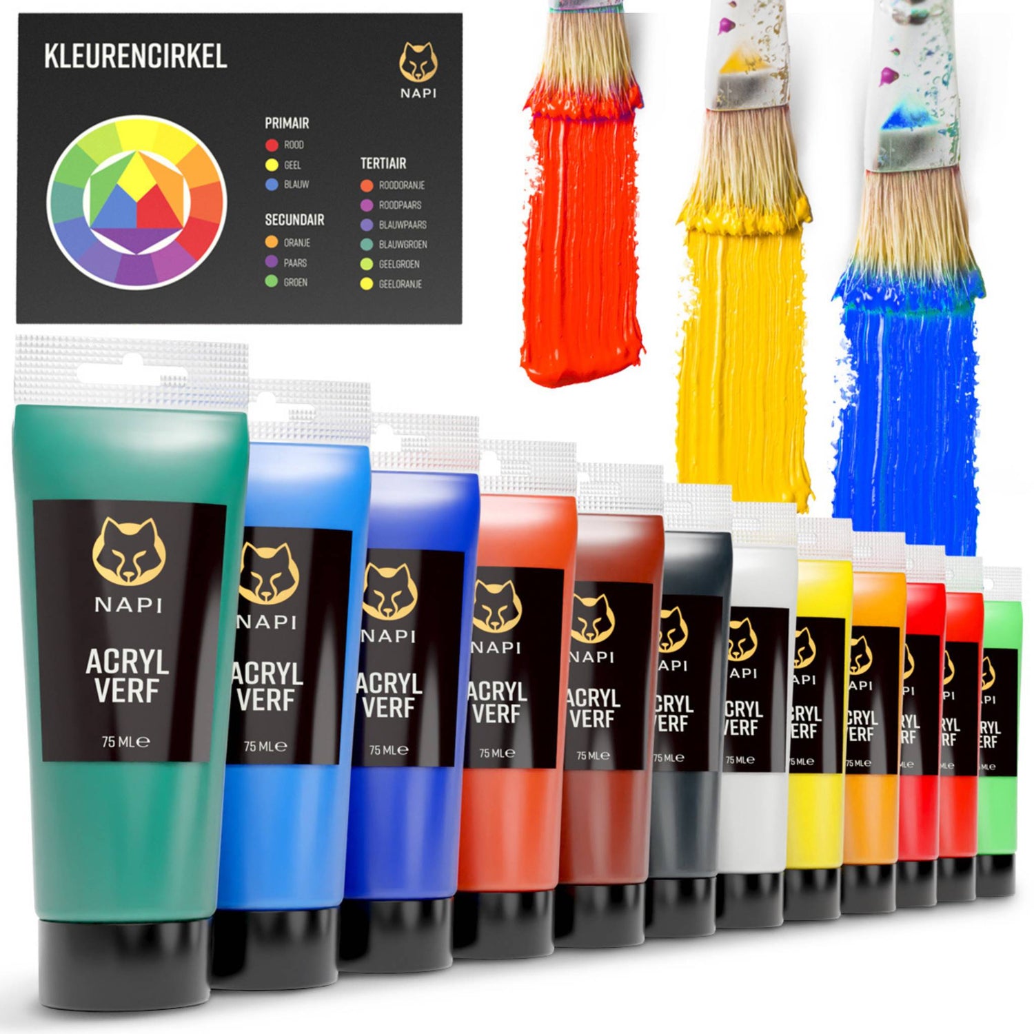 NAPI acrylverf 12 kleuren voordeelset met 75ML flessen en kleurencirkel – geschikt voor grote projecten en creatieve toepassingen op doek, hout en meer.