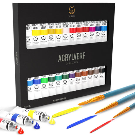 NAPI acrylverfset met 24 kleuren in 12ML tubes, inclusief 3 penselen – sneldrogende verf met hoge pigmentdichtheid, geschikt voor diverse schildertechnieken.
