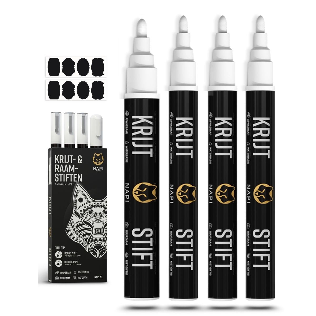 Set van 4 witte krijtstiften van NAPI met twee puntdiktes en 20 herbruikbare stickers – voor gebruik op krijtbord, glas, whiteboard en porselein.