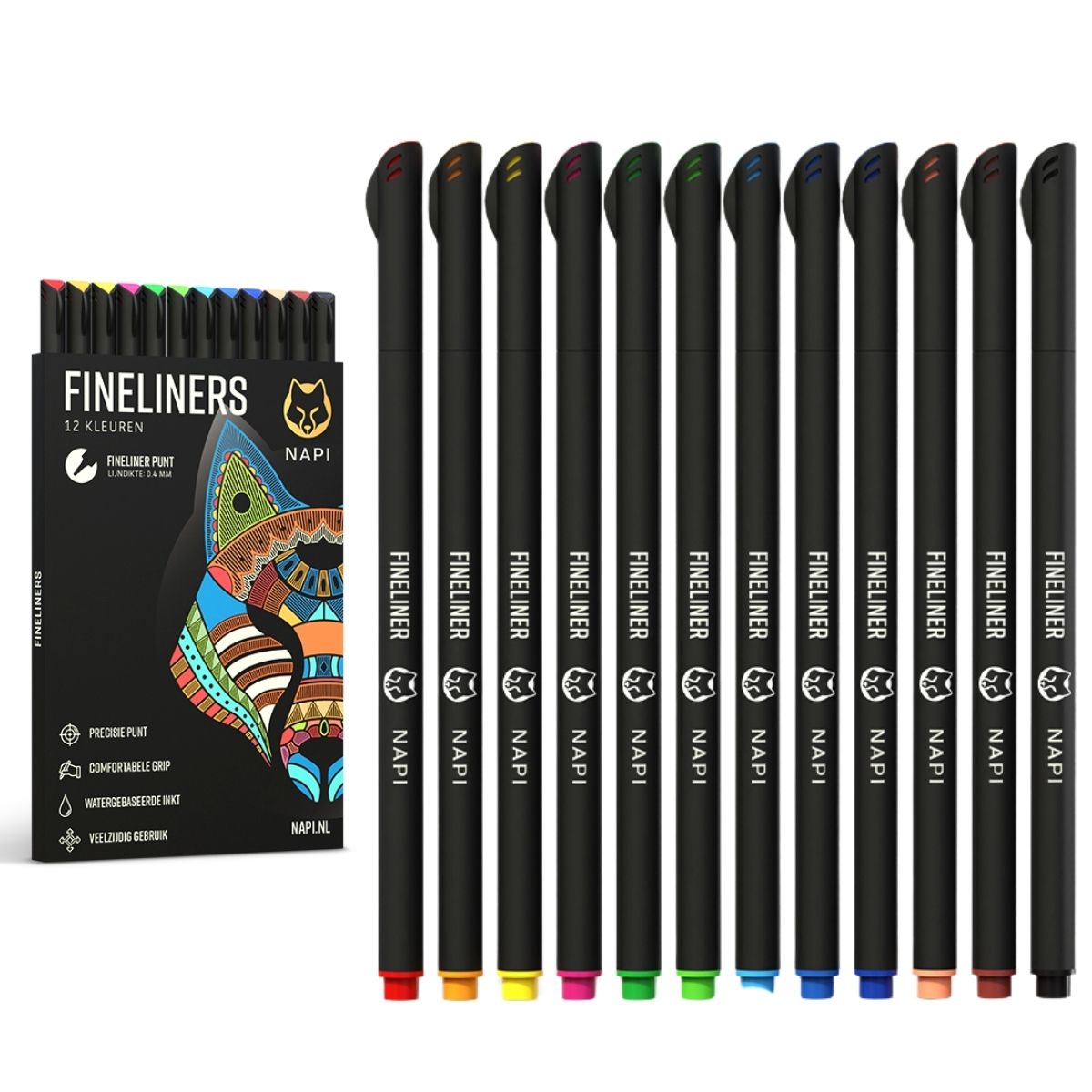 NAPI 12 kleurrijke fineliners met 0.4 mm punt – perfect voor journaling, kalligrafie, schetsen en schrijven met sneldrogende inkt op waterbasis.
