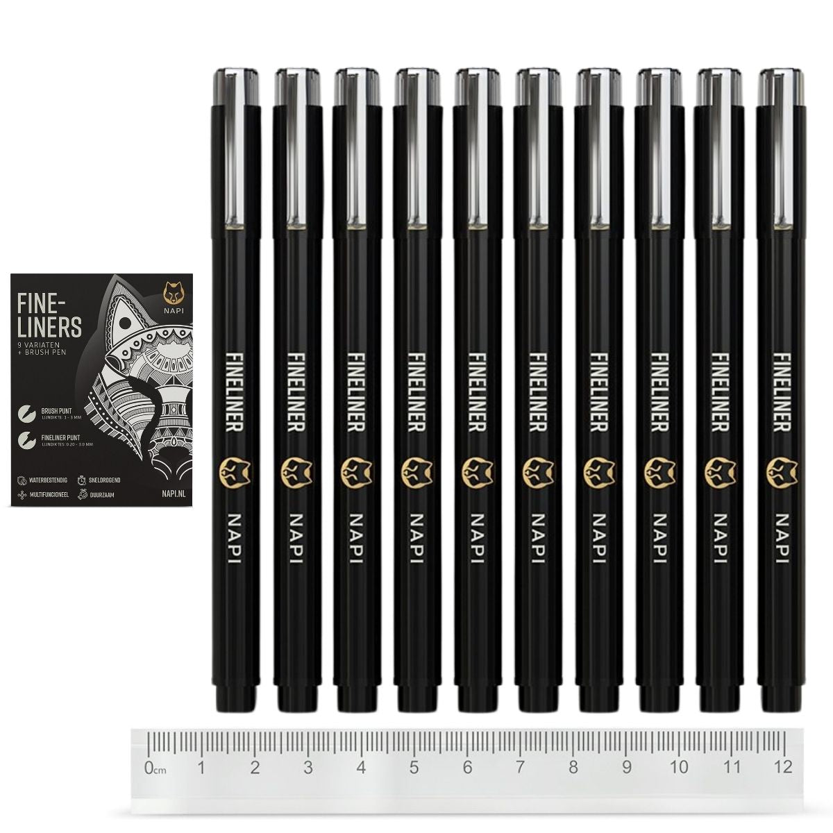 NAPI 10 zwarte fineliners met verschillende puntdiktes – inclusief liniaal voor technisch tekenen, journaling en illustraties
