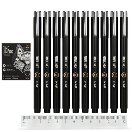 NAPI 10 zwarte fineliners met verschillende puntdiktes – inclusief liniaal voor technisch tekenen, journaling en illustraties
