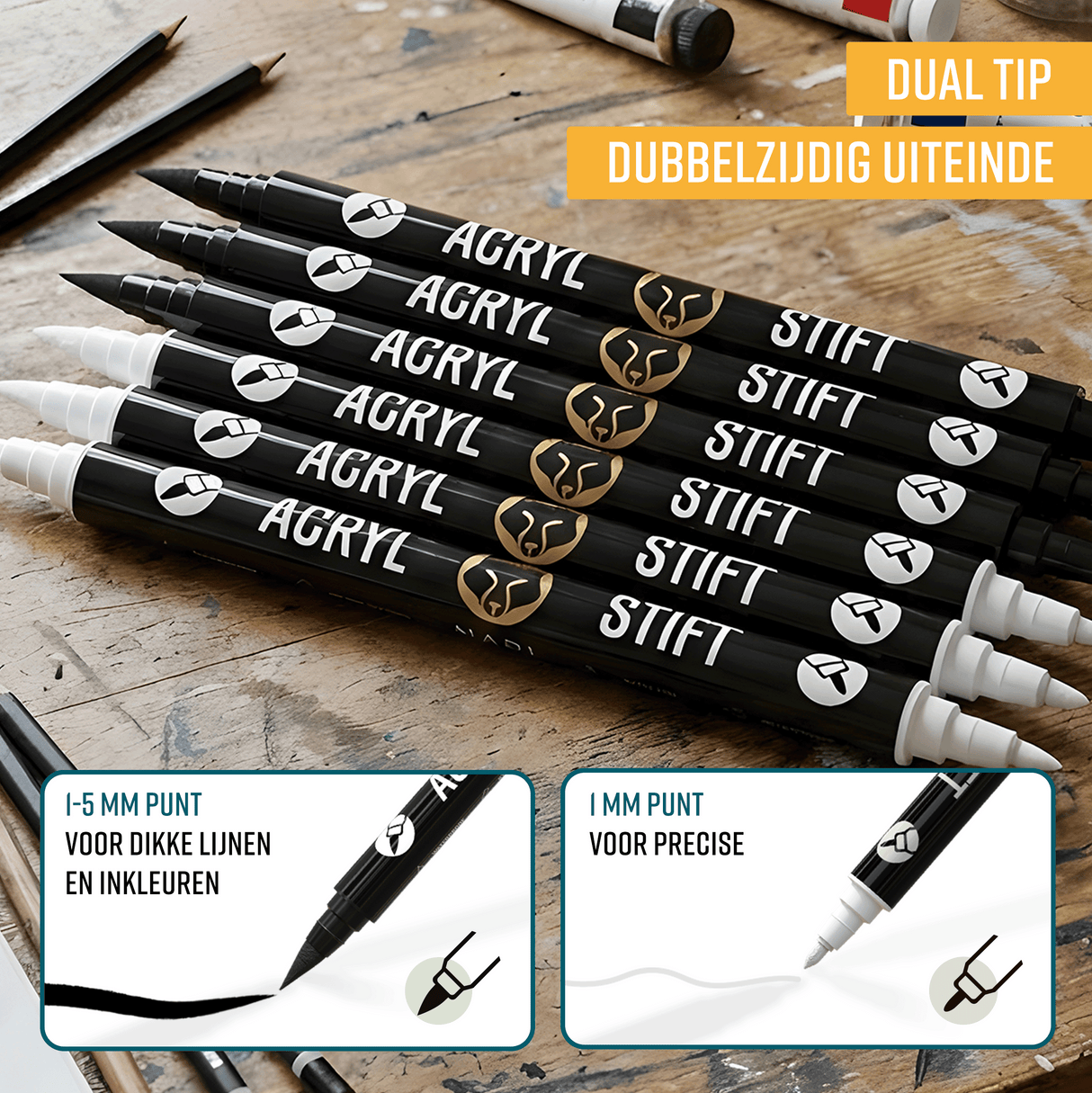 NAPI 6 Acrylstiften - Zwart & Wit - Brush & Fine Tip