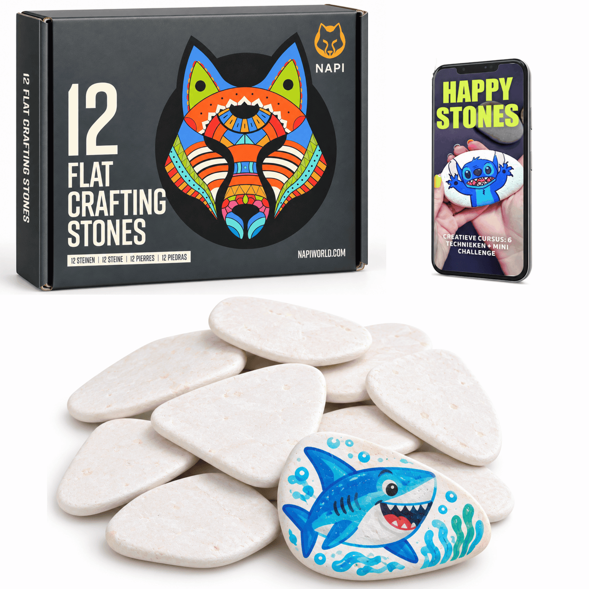 Napi Happy Stones 12 stuks kleine platte witte schilderstenen met glad oppervlak